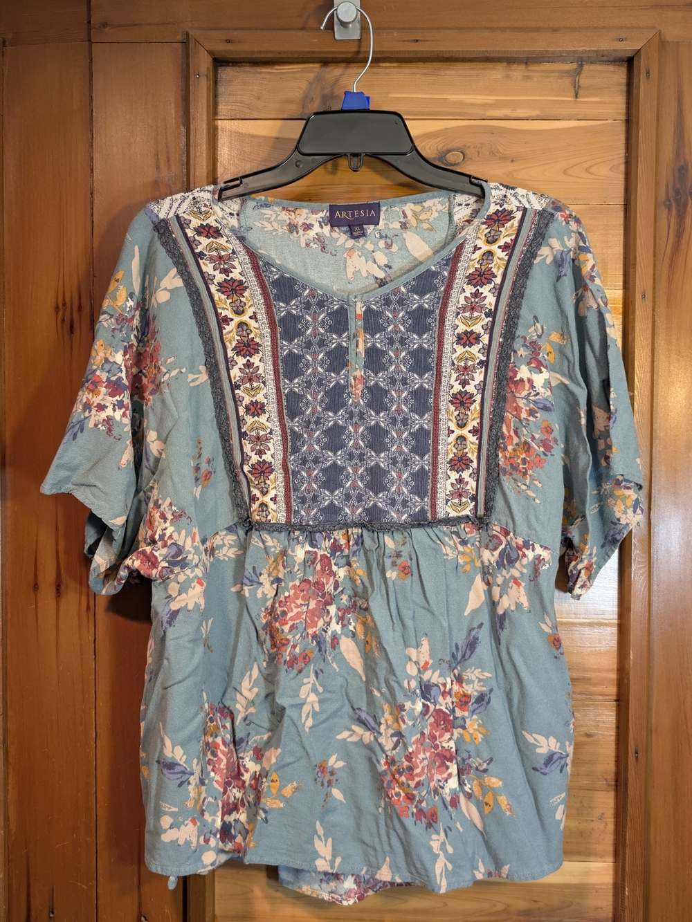 Blue Floral Rayon Peasant Top